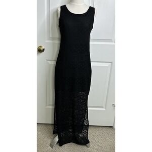 Xhilaration Maxi Dress Women's Small Black Crochet Lace Split Side Sheer Bottom